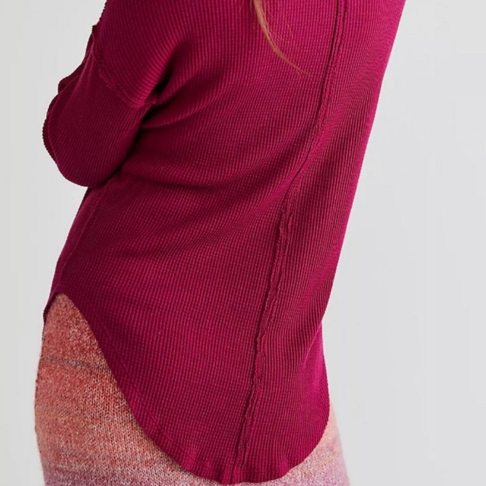NEW Free People Just For You Cutout Shoulder Mock Neck Thermal Top Wine $98 S - Picture 7 of 11